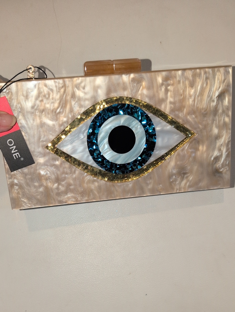Evil Eye Pearl Acrylic Clutch with Blue Jewel Accent And Crossbody Strap